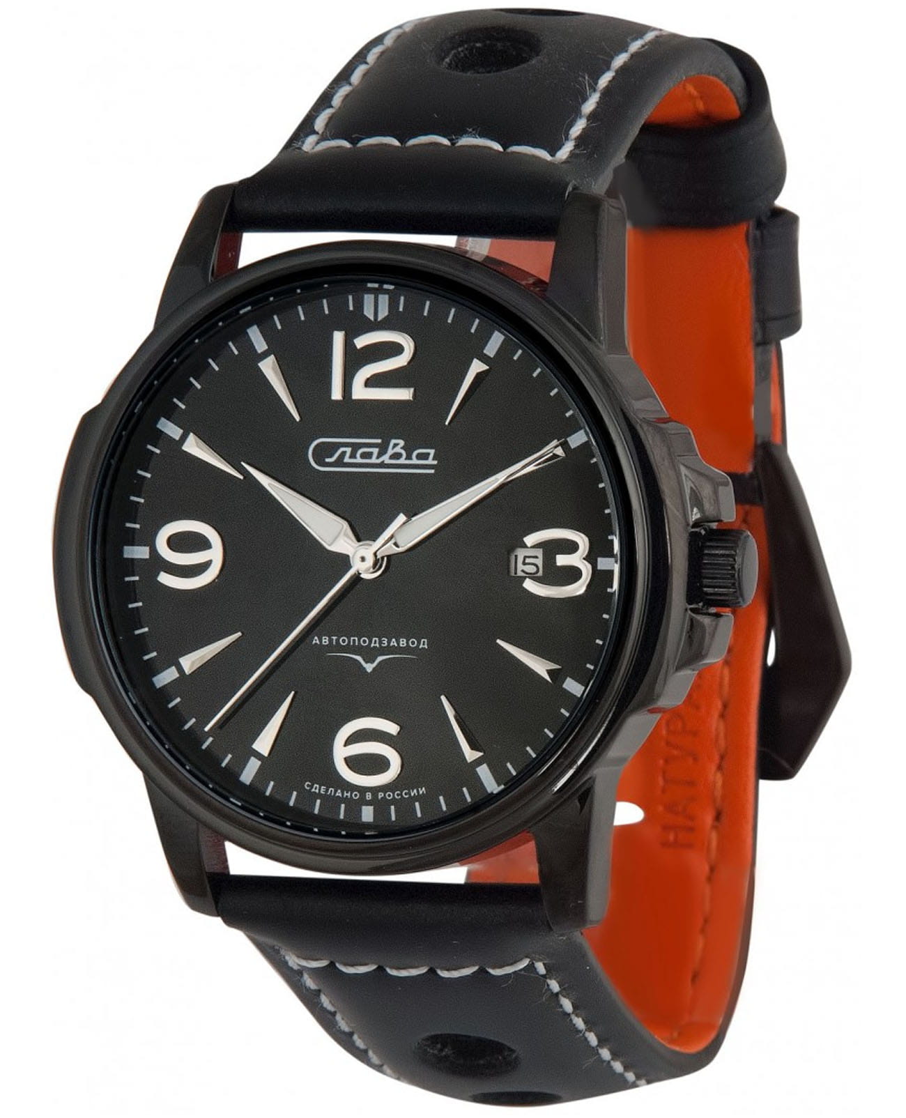 Слава Слава Традиция 2394493/300-1612  2394493/300-1612 механические мужские часы черный циферблат, браслет кожаный — вид спереди